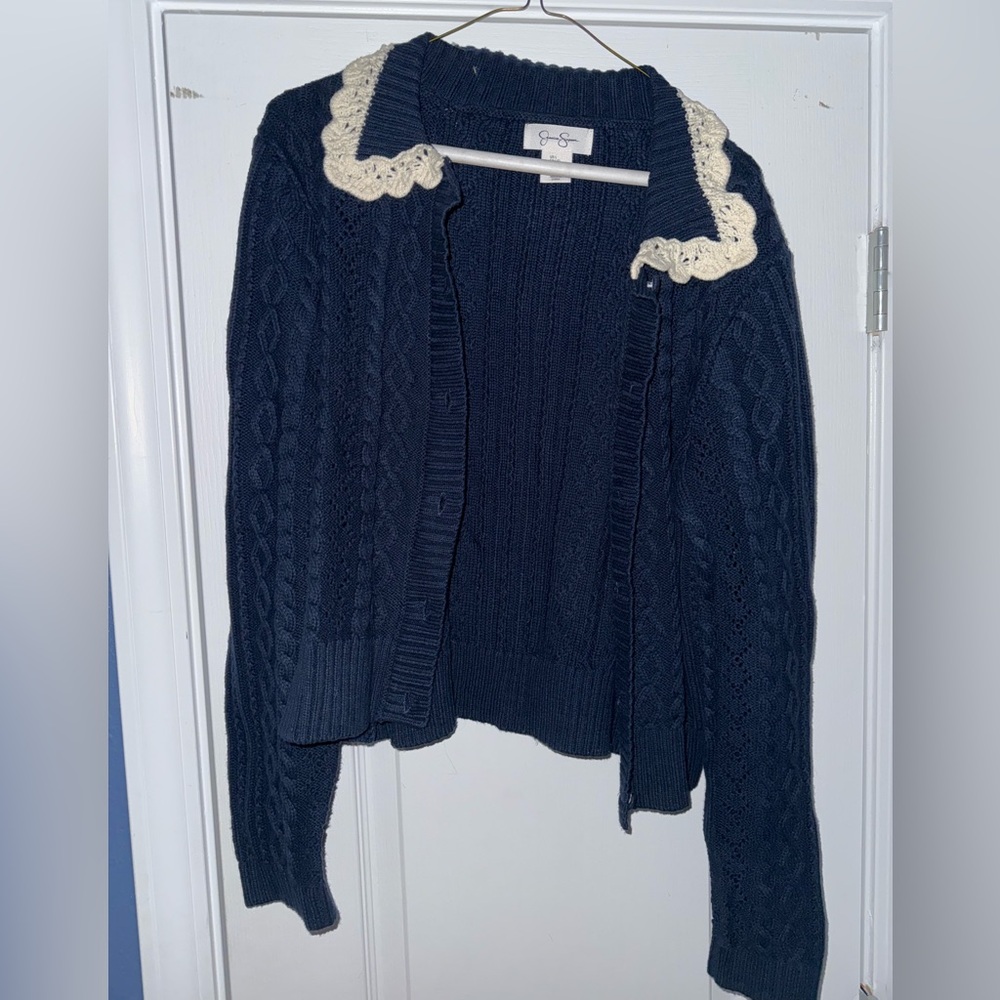 Navy Blue Jessica Simpson Cable Knit Sweater with crocheted Cream Collar